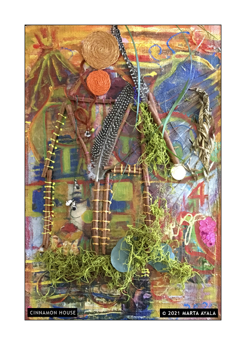 Cinnamon House - Multi-media Collage on Burlap